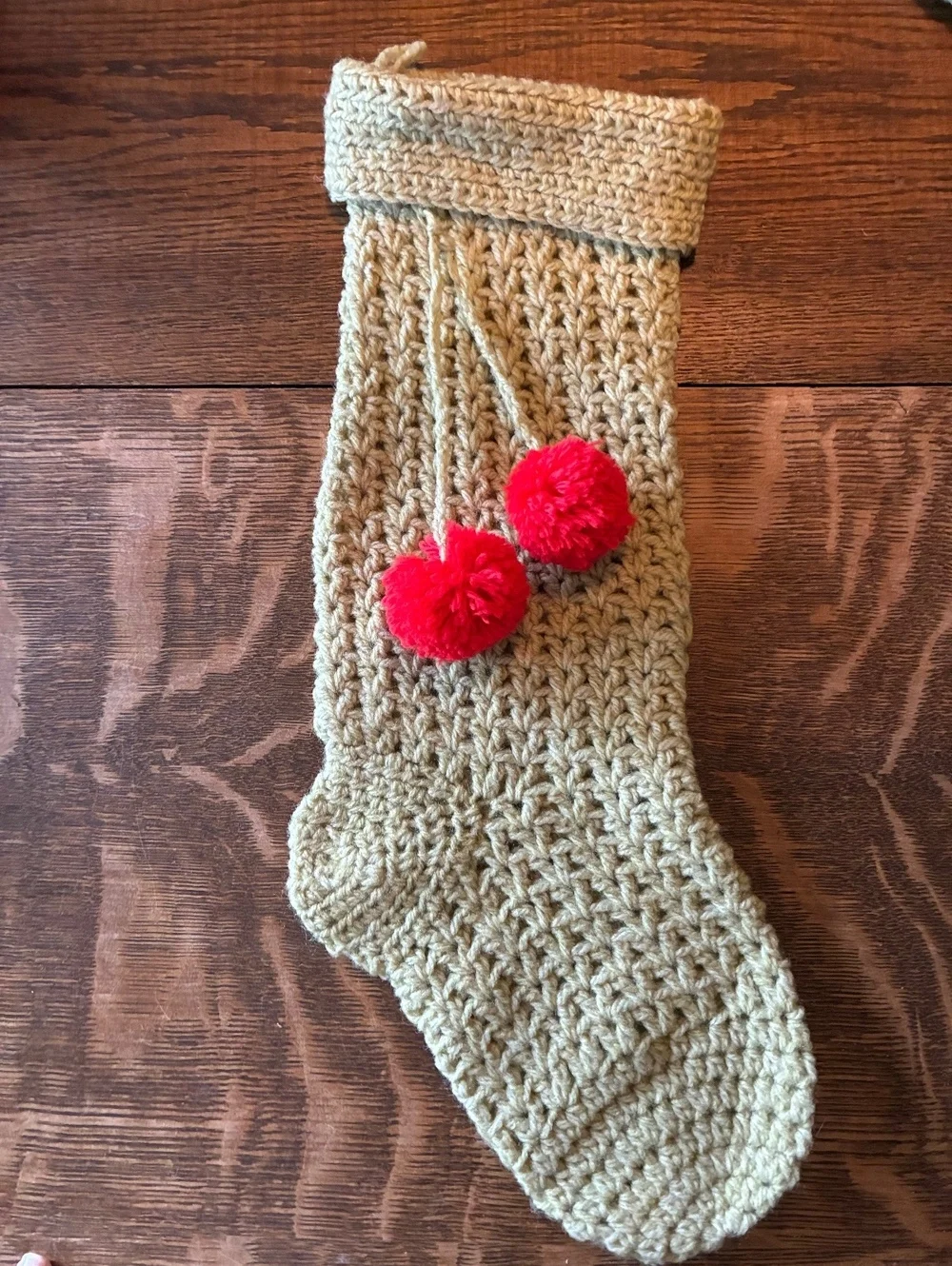 Hand Crocheted pale green Christmas Stocking with Red Pom Poms